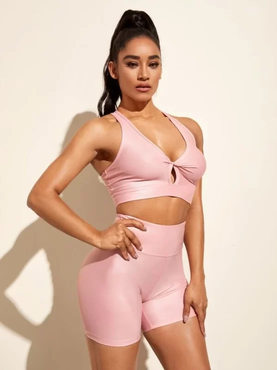 Solid Cut Out Ruched Twist Detail Sports Set - Image 3