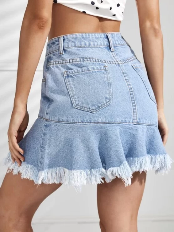 High Waist Fringe Mini Raw Hem Denim Skirt - Image 2