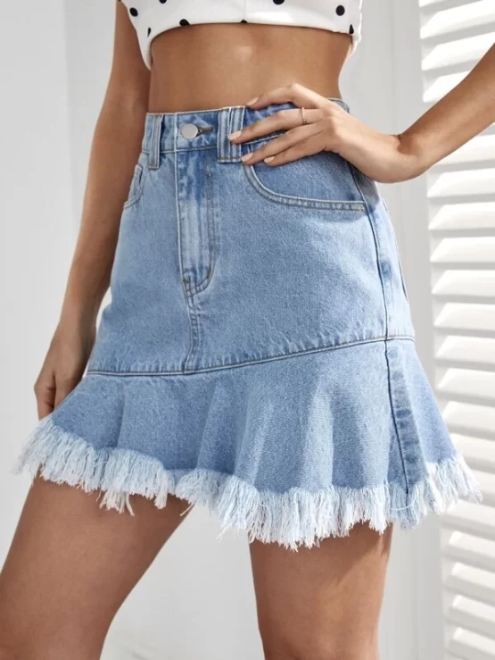 High Waist Fringe Mini Raw Hem Denim Skirt - Image 3