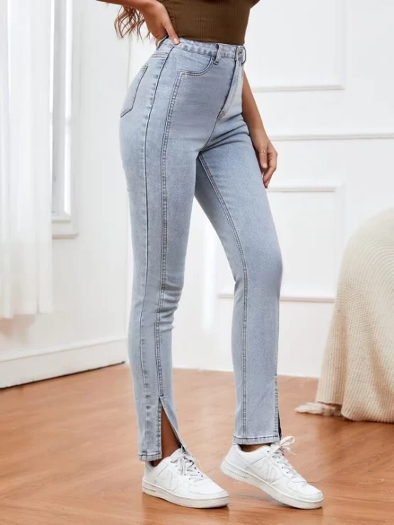 Light Washed Split Pocket Zipper Hem Skinny Jeans - Image 2