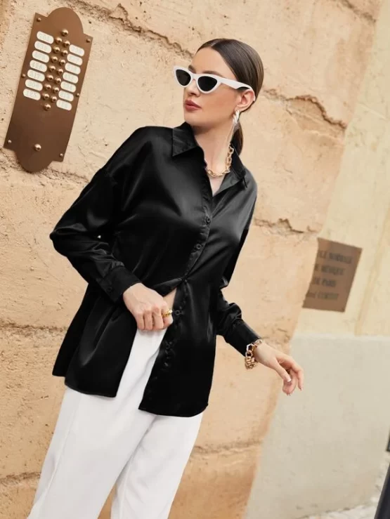 Button Up Front Collar Drop Shoulder Blouse - Image 8