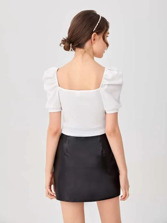 Teen Girls Ribbed Knit Puff Sleeve Top & PU Leather Skirt - Image 6