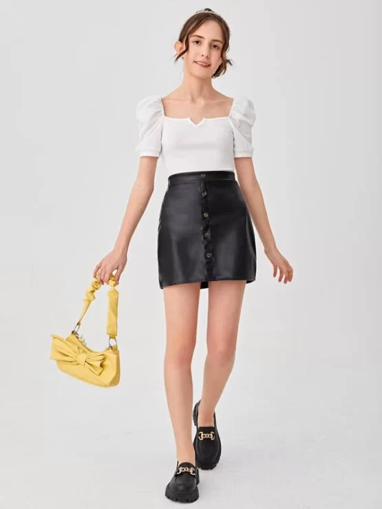 Teen Girls Ribbed Knit Puff Sleeve Top & PU Leather Skirt - Image 5