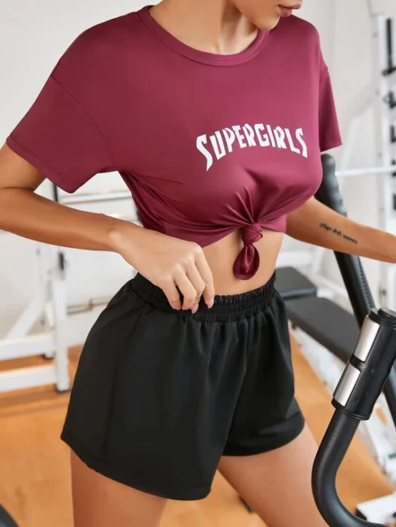 Letter Graphic Drop Shoulder Crop Sports Tee & Shorts - Image 2