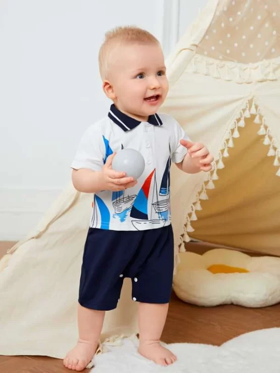Baby Button Front Cartoon Graphic Romper - Image 2