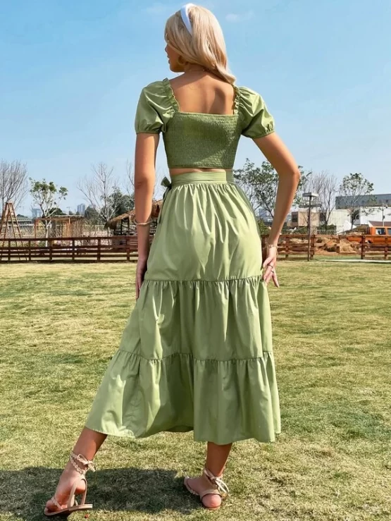 Shirred Puff Sleeve Crop Top & Ruffle Hem Wrap Tie Side Skirt - Image 2