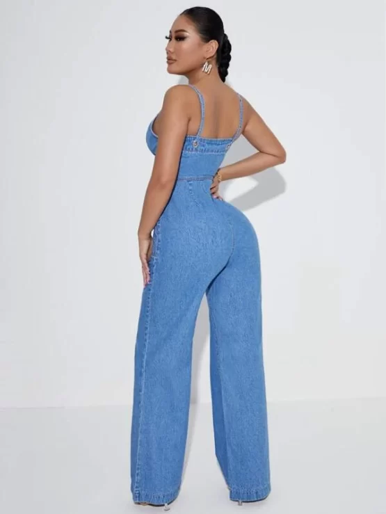Knot Pocket Preppy Front Denim Cami Jumpsuit - Image 2