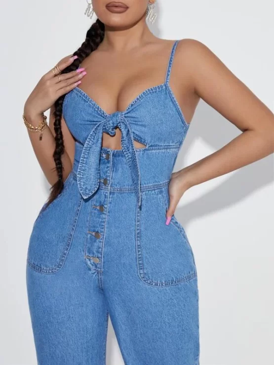 Knot Pocket Preppy Front Denim Cami Jumpsuit - Image 3