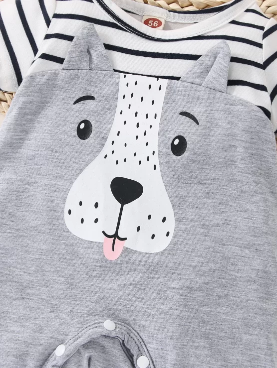 Baby Striped & Cartoon Ear Design 3D Graphic Jumpsuit - Image 3