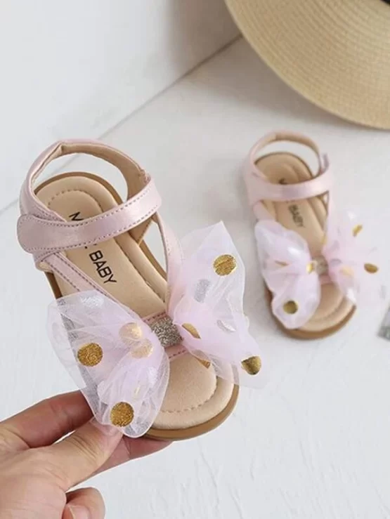 Girls Gold Dobby Mesh Bow Ankle Strap Decor Sandals - Image 2