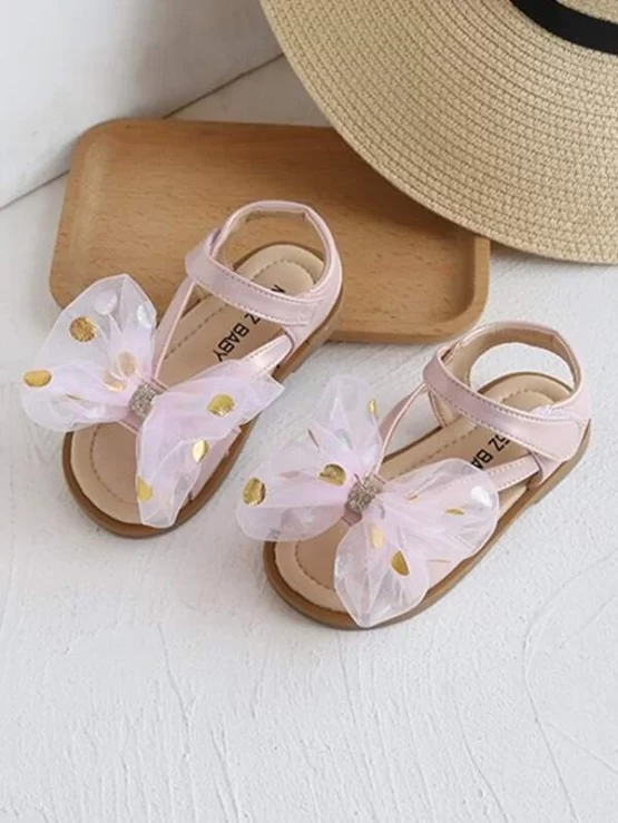 Girls Gold Dobby Mesh Bow Ankle Strap Decor Sandals - Image 3
