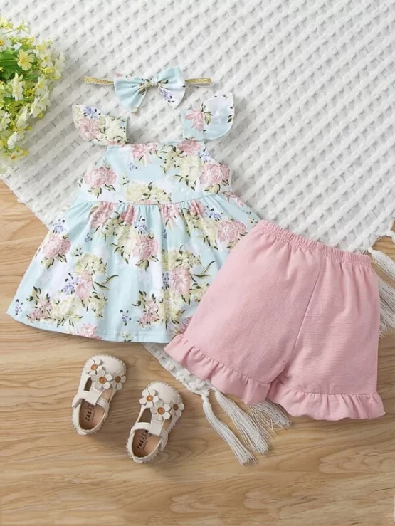 Baby Floral Print Flutter Sleeve Top & Ruffle Hem Shorts & Headband - Image 2