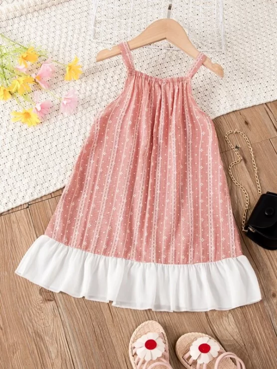 Toddler Girls Gingham Contrast Lace Bow Front Ruffle Hem Cami Dress - Image 2