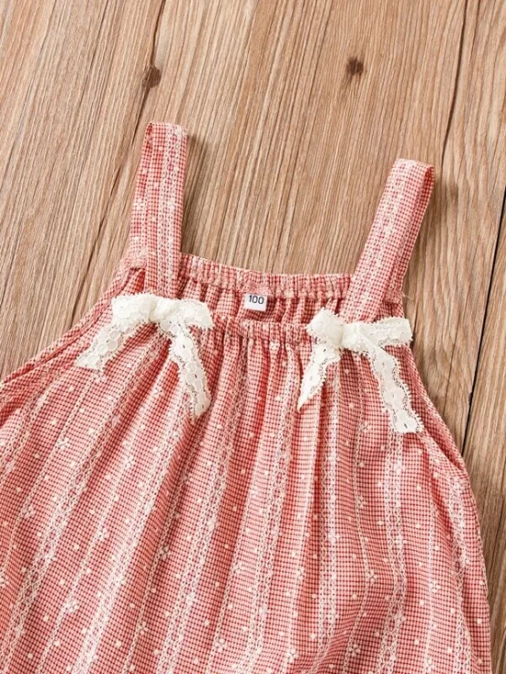 Toddler Girls Gingham Contrast Lace Bow Front Ruffle Hem Cami Dress - Image 3