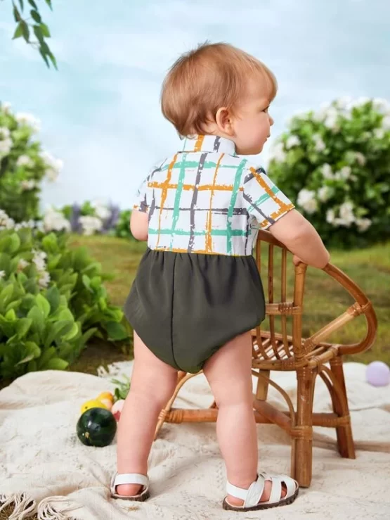 Baby Plaid Collar Button Front 2 In 1 Bodysuit - Image 3