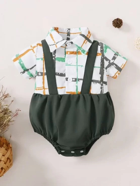 Baby Plaid Collar Button Front 2 In 1 Bodysuit - Image 2