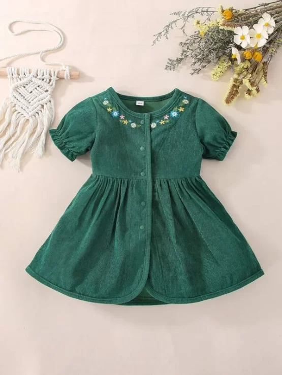 Baby Floral Embroidery Button Front Smock Dress - Image 3