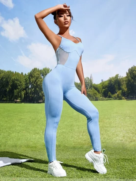 Contrast Mesh Criss Cross Back Sports Jumpsuit - Image 3