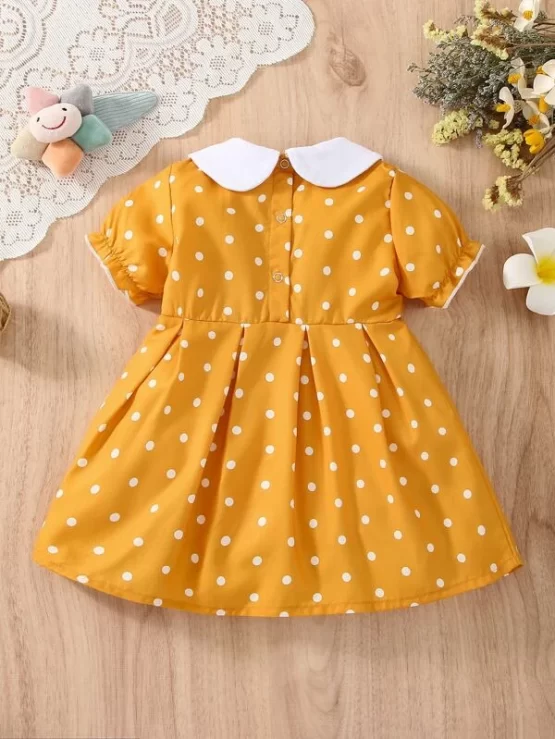 Baby Polka Dot Puff Peter-pan Collar Fold Pleated Hem Sleeve Dress - Image 3