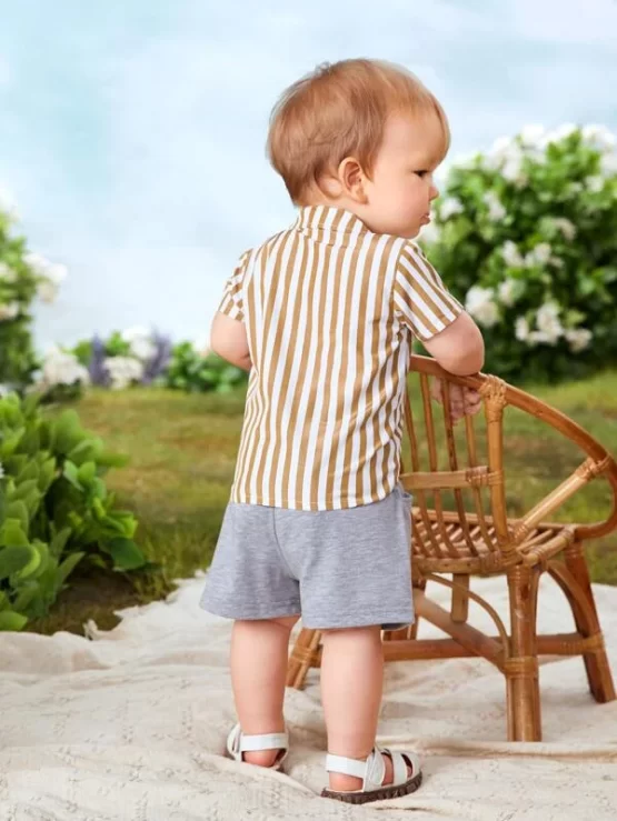 Baby Striped Button Front Print Shirt & Shorts - Image 2