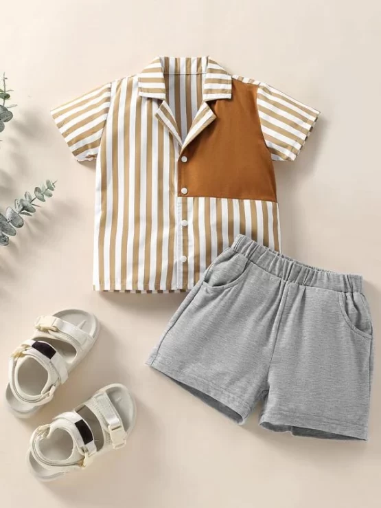 Baby Striped Button Front Print Shirt & Shorts - Image 3