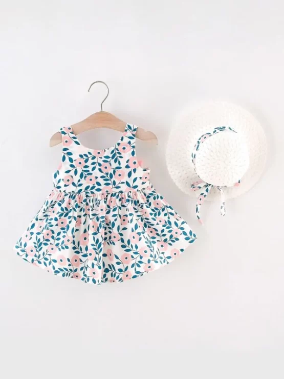 Baby Floral Big Bow Back Smock Dress With Hat - Image 3