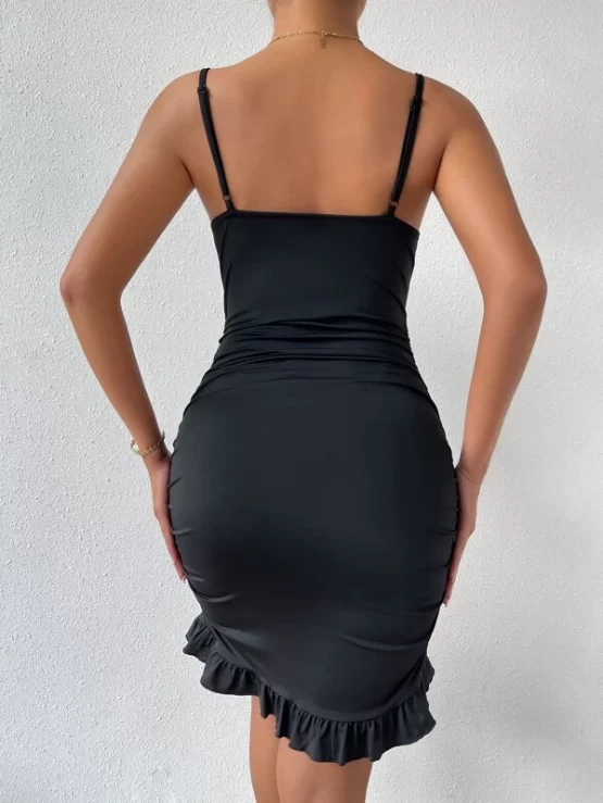Knot Front Ruched Ruffle Trim Wrap Bodycon Dress - Image 2