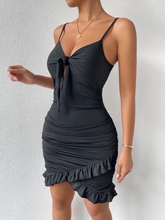 Knot Front Ruched Ruffle Trim Wrap Bodycon Dress - Image 3
