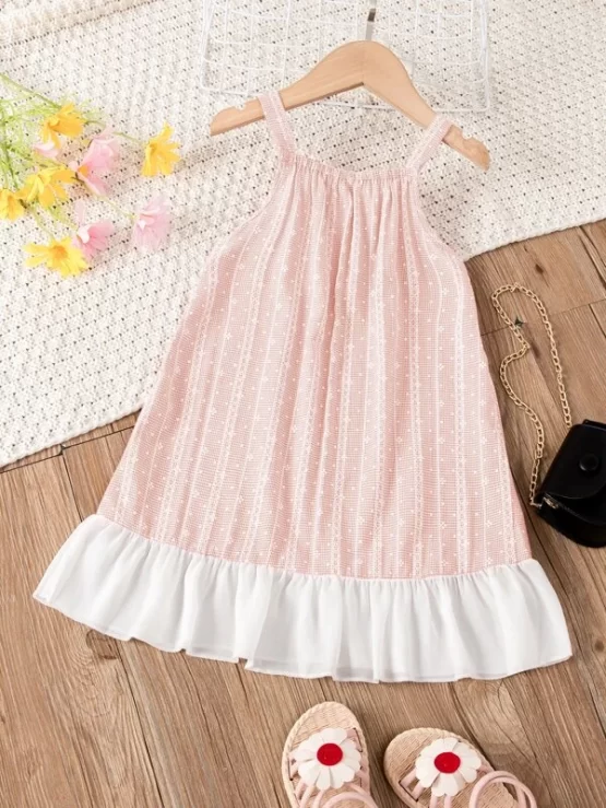 Toddler Girls Gingham Contrast Lace Bow Front Ruffle Hem Cami Dress - Image 8