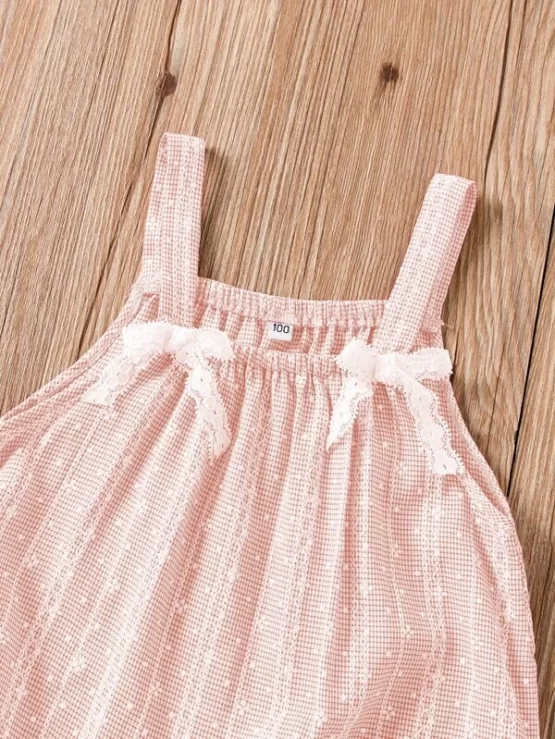 Toddler Girls Gingham Contrast Lace Bow Front Ruffle Hem Cami Dress - Image 9