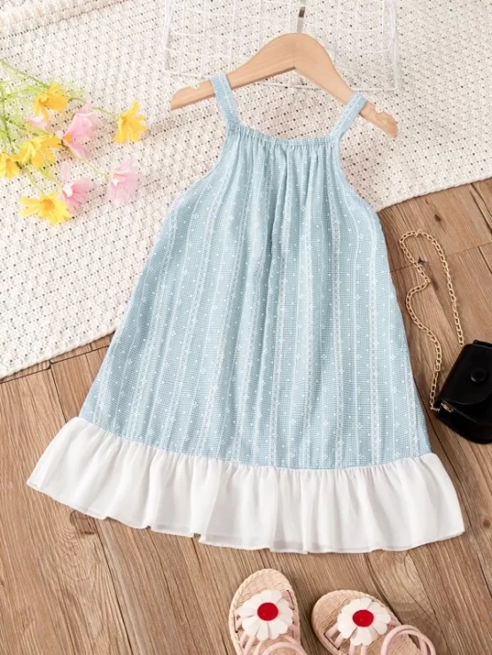 Toddler Girls Gingham Contrast Lace Bow Front Ruffle Hem Cami Dress - Image 5