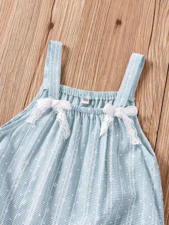 Toddler Girls Gingham Contrast Lace Bow Front Ruffle Hem Cami Dress - Image 6