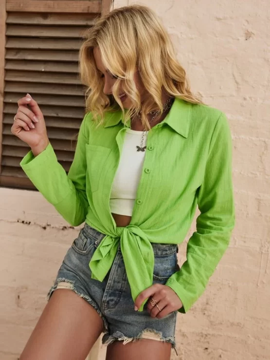 Solid Patched Pocket Button Through Blouse - Image 3