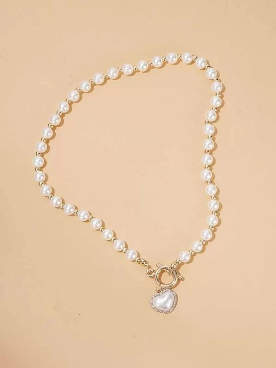 Faux Pearl & Rhinestone Decor Heart Charm Necklace - Image 2