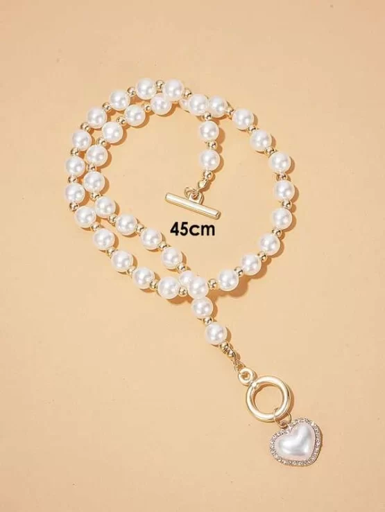 Faux Pearl & Rhinestone Decor Heart Charm Necklace - Image 3