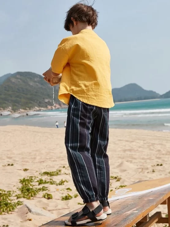 Boys Cartoon & Letter Embroidery Half Button Drop Shoulder Top & Striped Pants - Image 3