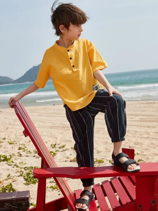 Boys Cartoon & Letter Embroidery Half Button Drop Shoulder Top & Striped Pants - Image 2