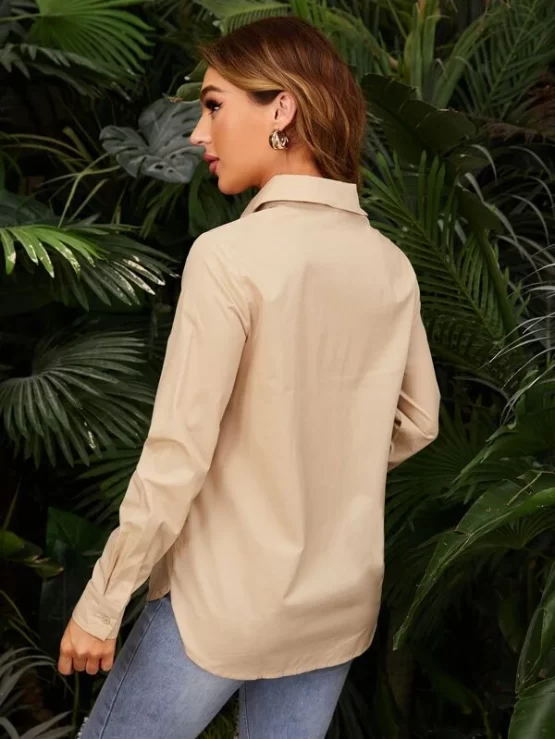 Solid Plain Single Button Placket Front Blouse - Image 5