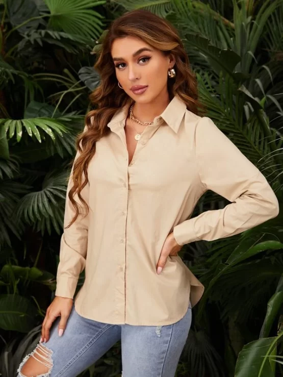 Solid Plain Single Button Placket Front Blouse - Image 6