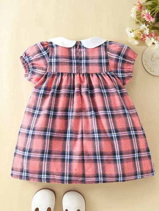 Baby Plaid Shirred Waist Peter-pan Collar Puff Sleeve Dress - Image 2