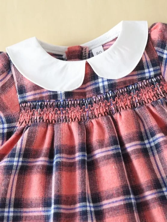 Baby Plaid Shirred Waist Peter-pan Collar Puff Sleeve Dress - Image 3