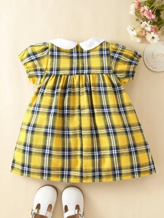 Baby Plaid Shirred Waist Peter-pan Collar Puff Sleeve Dress - Image 6
