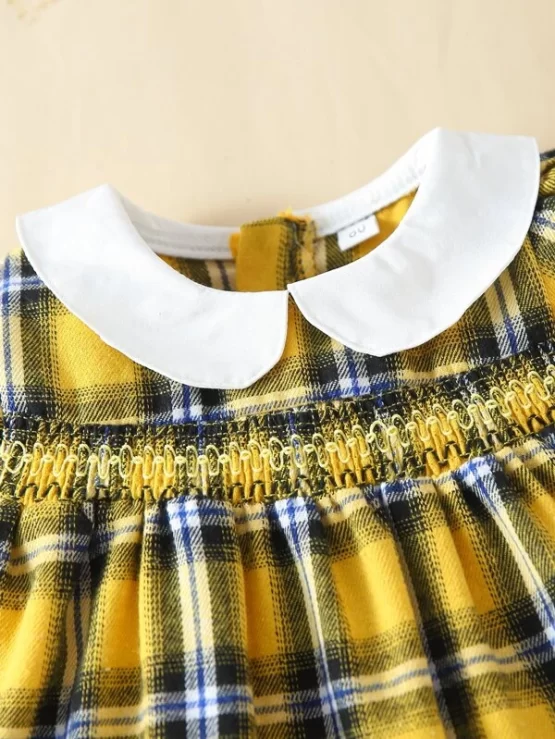 Baby Plaid Shirred Waist Peter-pan Collar Puff Sleeve Dress - Image 5