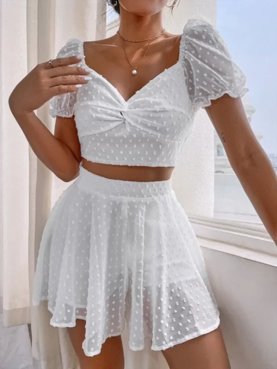 Swiss Dot Twist Front Bow Back Blouse & Skirt - Image 3