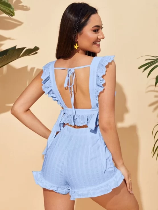 Tie Back Eyelet Embroidery Ruffle Trim Top & Shorts Set - Image 5