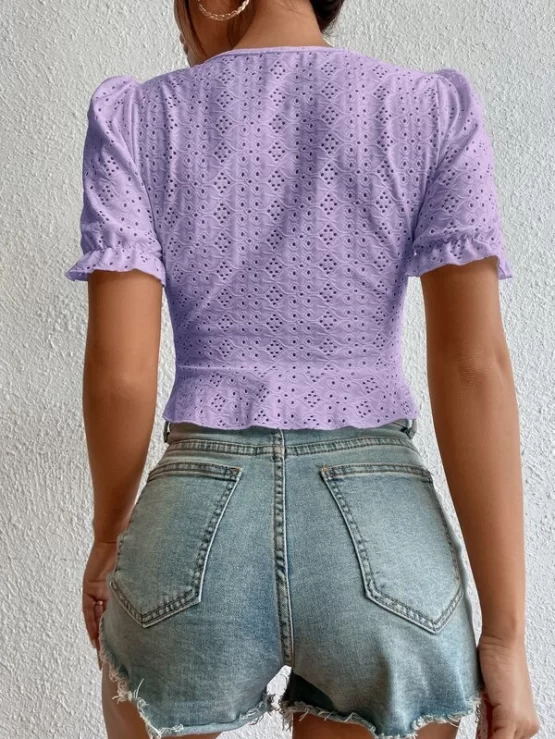 Sweetheart Neck Drawstring Front Puff Sleeve Eyelet Embroidery Crop Top - Image 2