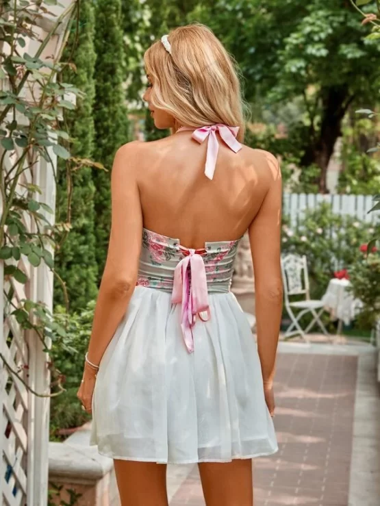 Floral Print Grommet Lace-Up Halter High Waist Dress - Image 3