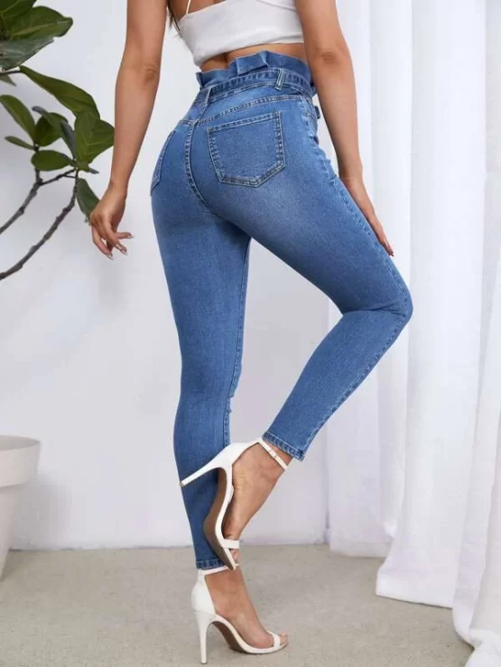 High Waist Pocket Button Zipper Belted Skinny Jeans - Image 2