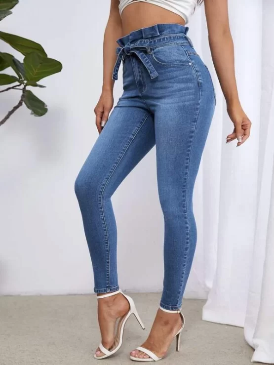 High Waist Pocket Button Zipper Belted Skinny Jeans - Image 3