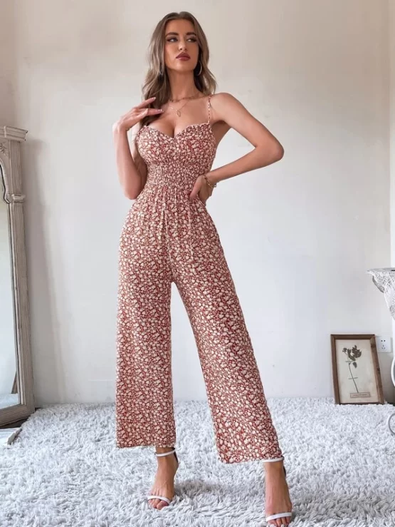 Ditsy Floral Tie Front Shirred Waist Cami Jumpsuit - Image 2